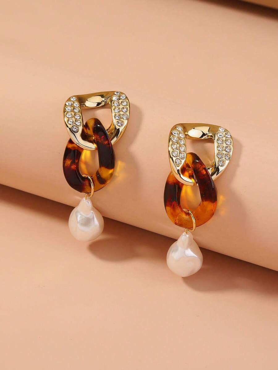 1 par de aretes con estampado de leopardo, aretes colgantes con cadena de rhinestone y perla