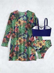 Women's Bikini Swimsuit Set + Kimono Beach Cover Up, 3 Plant Print Bikini And Kimono Sets For Summer At The Beach - Blue - View 6