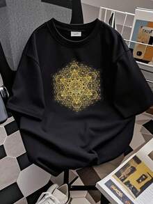 180g pure Cotton Sacred Geometry | Metatron&amp;#39;s Cube Transcendence Gold | Intricate Geometric Shirt | Psychedelic Wearable Art | Unisex T-shirt T-Shirt For Women Casual Soft designer clothes Comfortable Print Round Neck Short Sleeve Women Top Graphic Tees women - Negro - Ver 2