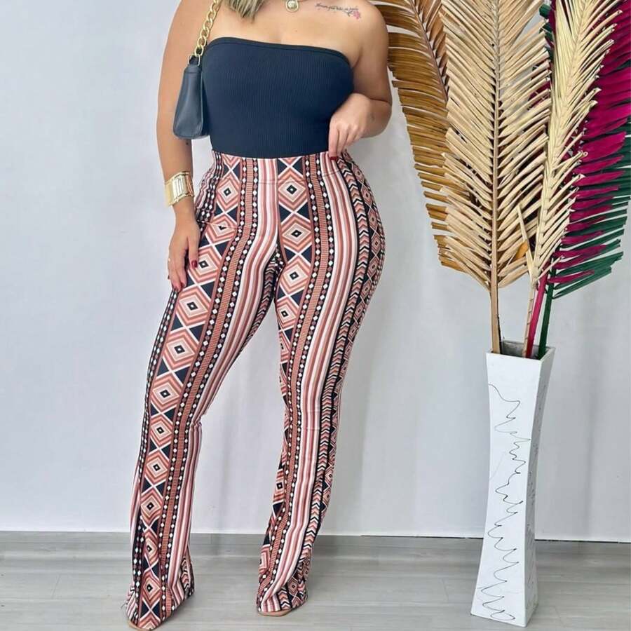 Women's Flare Pants With Long Leg Print Diary - 裸體 - 查看 1