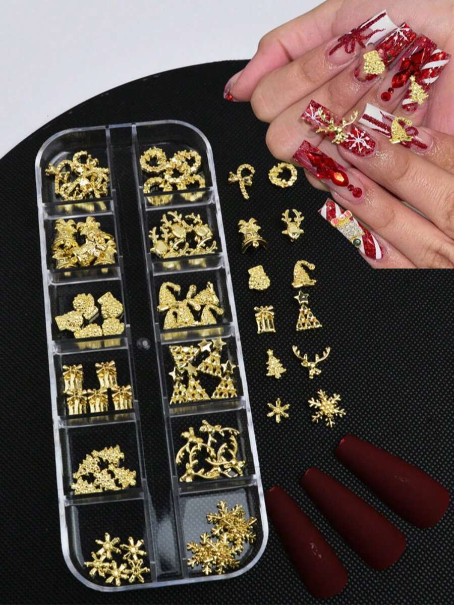 12 Grades, 60 Peças de Joias de Unhas de Natal, Joias de Unhas de Natal de Estilo Simples Misturadas em Vários Estilos, Incluindo Coroas, Flocos de Neve, Sinos, Alces, Árvores de Natal, Etc., Decoração de Unhas de Natal DIY Artesanato (Dourado) Decoração de Unhas - Multicolorido - Visão 1
