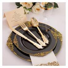 Black Plastic Plates Disposable Set - 350pc Party Supplies For 50 Guests, 10.25" Dinner & 7.5" Dessert Plates, Silverware, Cups - 如圖/E - 查看 7
