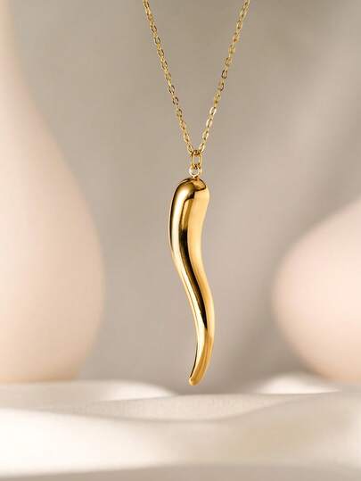 1pc Luxury Stainless Steel 18K Gold Plated Italian Horn Lucky Charm Minimalist 3D Water Drop Pendant Necklace, Hypoallergenic, Suitable For Women, Couples, Best Friends, Daily & Outdoor Wear