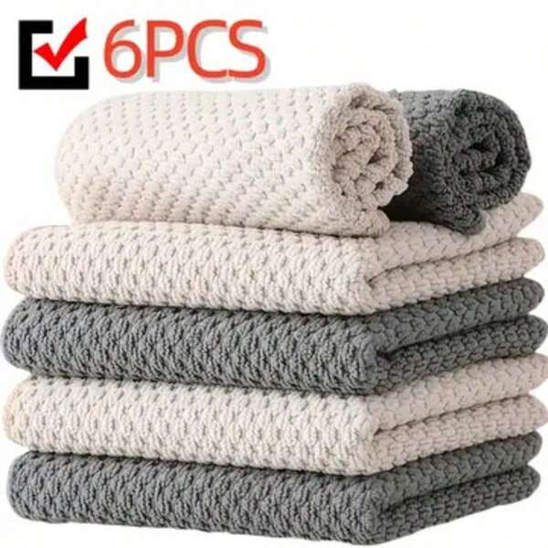 6pcs Ultra Soft Microfiber Kitchen Towels - High Absorbency, Double-Sided Waffle Texture Weave, Easy Clean, Space Theme White, Grey & Beige, Perfect For Countertops, Appliances & Dishcloths, Kitchen Towels For Countertops, Appliance Cleaning, Modern Kitchenware, Fabric, Bath Towel Large, Bath Towel Set,