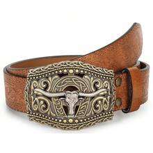 Men-Women-Western-Cowboy-Belt PU-Leather Floral Engraved-Bull-Buckle-Belts For Jeans (For 25" To 38" Waist){"Color_name":"BullHead-Brown","Size_name":"Suitablewaisted34\"-38\""} - 多色5 - 查看 6