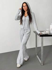 2 piezas Conjunto de sudadera con capucha para mujer con cremallera de color contrastante y cintura ceñida - Gris - Ver 5