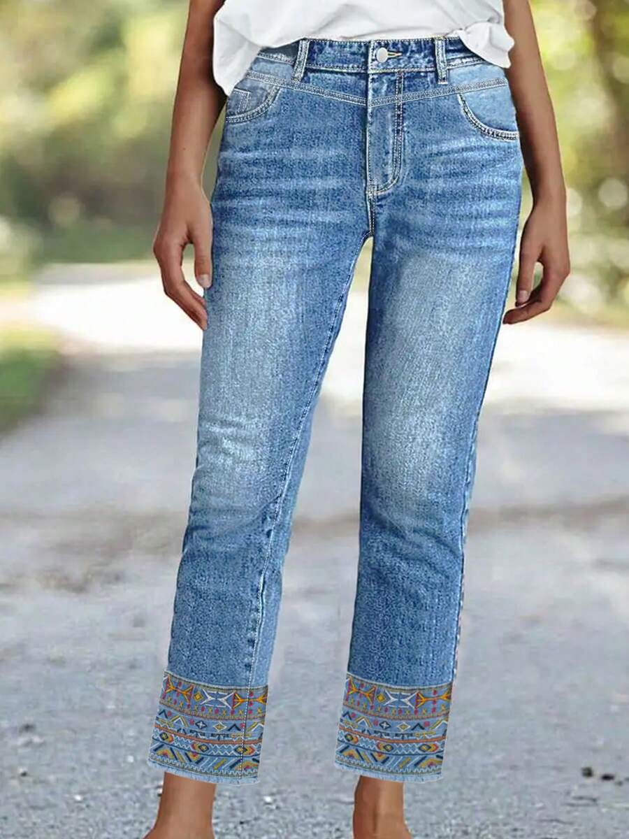 Ombre Pocket Zipper Button Women's Plus Size Jeans Daily School Vacation Office Home Holiday Autumn And Winter Solid Color Pocket With Zipper High-Waisted Slim-Fit Washed Tapered Pants - Rửa nhẹ - Xem 1