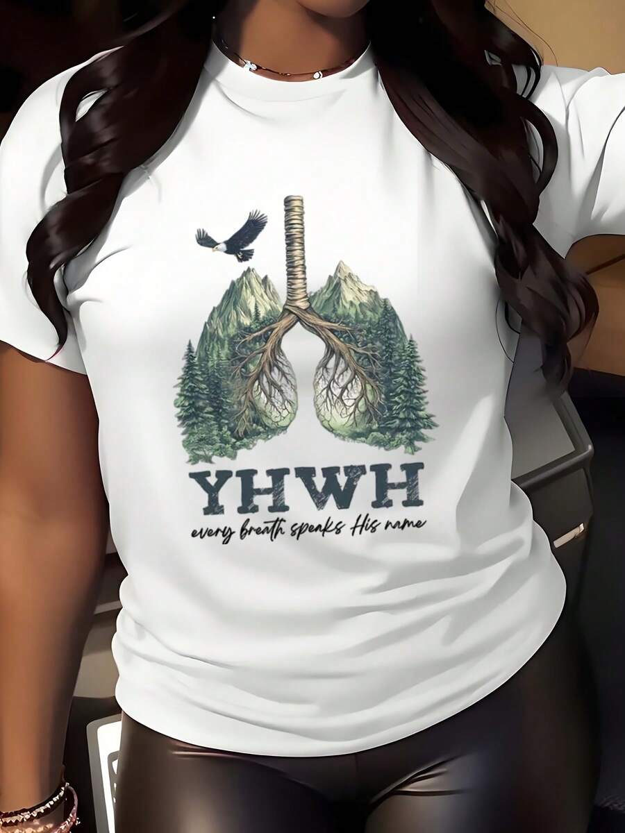 Women's Round Neck T-Shirt With Lungs Forest And YHWH Print Short Sleeve Casual Graphic Tee For Everyday Wear, Outdoor Activities, And Faith-Based Events - trắng - Xem 1