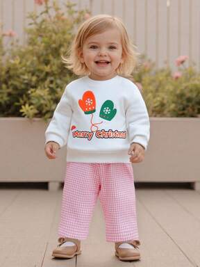 Conjunto navideño de 2 piezas para niña pequeña con guantes estampados, jersey de manga larga y pantalones a cuadros con cintura elástica. Bonita prenda para festivales, cálida para los días fríos de invierno, ideal para uso diario y salidas festivas. Tallas de 6 meses a 3 años.