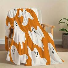 Cozy Halloween Flannel Blanket - Soft & Luxurious, Orange With Playful White Ghosts - Bedroom, Living Room, Or Outdoor Halloween Parties - All-Season Comfort 280gsm Room Decor Home Essentials Decor Bedroom