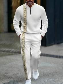 Men's Extra White Gold Greek Herring Bone Knit Sweater And Pants Set - High-Quality Polyester, Anti-Wrinkle, Half-Open Collar, Casual Street Style, Suitable For Nightclubs And Fashion Events, Extra Sweater, PLUS SIZE  Spring/Fall    Regular Fit    Zipper  Pocket  Button Front    Christmas  Halloween - trắng - Xem 3