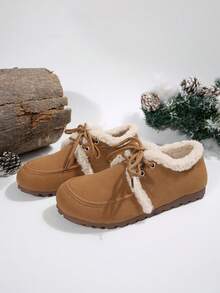 أحذية لوفر مبطنة حرارياً بأصابع مستديرة للنساء، أحذية مسطحة ناعمة ومريحة بأربطة، مناسبة للارتداء اليومي في فصلي الخريف والشتاء - بني فاتح - مشاهدة 3