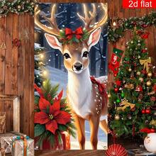 1pc 2D Flat New Year Christmas Party Supplies Flag - Spotted Deer With Bow And Holly Leaf Pattern Design Banner Flag, 2026 Merry Christmas Theme Party, Photography Prop Background Decor, Anniversary, Winter Gathering Doorway Decor, Indoor Outdoor Garden Entrance Porch Decoration, Christmas Decor Door Curtain