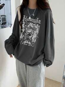2026春季新款图案T恤女装，时尚休闲宽松长款T恤，骷髅印花街头韩风 - 深灰 - 查看 1