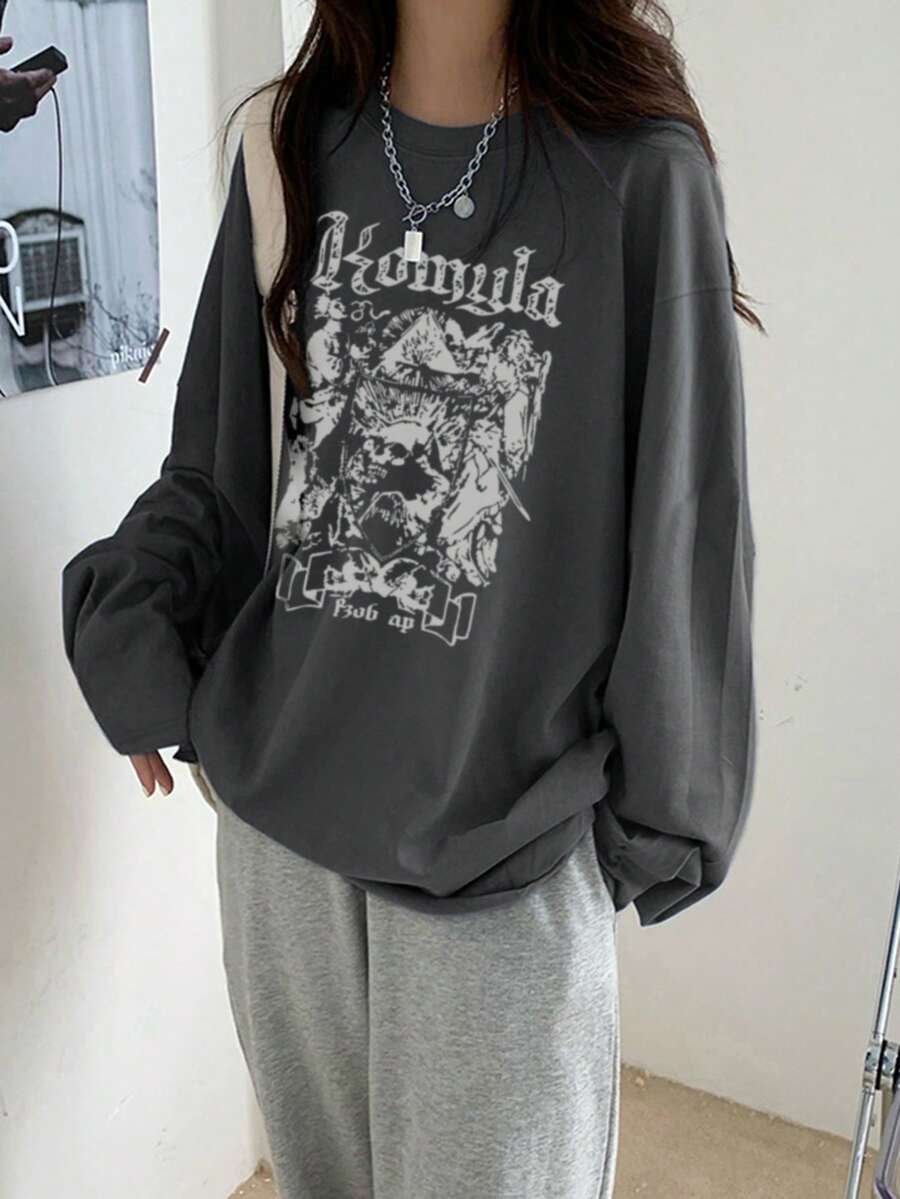 2026春季新款图案T恤女装，时尚休闲宽松长款T恤，骷髅印花街头韩风 - 深灰 - 查看 1