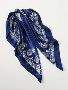 1条女士印花90厘米方巾，带链条，适合日常佩戴，缎面头巾/方巾，可搭配连衣裙 - 藏青 - 查看 5