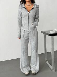 2 piezas Conjunto de sudadera con capucha para mujer con cremallera de color contrastante y cintura ceñida - Gris - Ver 8