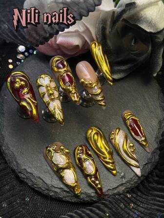 10 st/set handgjorda långa stilettnaglar i Y2K-stil med press-on-naglar, hudfärgade, röd krom tie-dye, kärlekshjärta, gelvattendroppsmönster, rosa kattögon och med strass-nagelberlocker, tryck lämplig för fester, tillfällen, vardagsbruk, verktygskit ingår, perfekt present till kvinnor och flickor, med 1 gelépad och 1 nagelfil