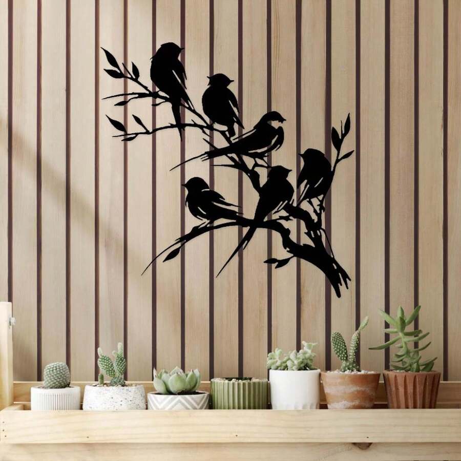 Metal Bird Silhouette Wall Art- Cut Tree Branch Design For Living Room& Bedroom, Metal Hanging Sign, Easy To Clean, Fall Decor, Garden Decoration, Gifts For Boyfriend - 黑色 - 查看 1