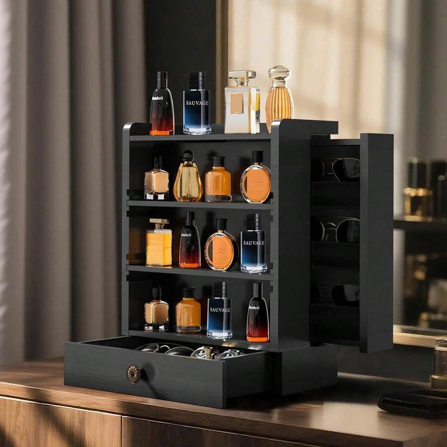 Cologne Organizer For Men, Adjustable Perfume Stand, Large Standing Cologne Stand With Flocking Drawers And Hidden Side Drawers, Perfume Holder, Perfume Display, Great Gift For Man - Đen - Dọc - Xem 1