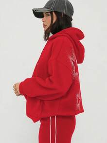Women's Red Polyester Hooded Long Sleeve Pullover Sweatshirt With Drawstring And Rhinestone Star Decor, Showcasing Fashionable Style - Red - View 2