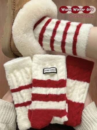 4 双女士圣诞红白条纹保暖袜 - 舒适针织船袜，节日保暖袜，适合冬季日常穿着、寒冷天气和节日装扮，热门必备保暖袜。