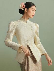 现代优雅 Kebaya 女式立领衬衫，不对称设计，优雅，3D 花卉图案，适合传统 Kebaya 衬衫，马来西亚