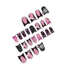 Black Pr On Nails Duck Fake Nails With Sta French Tip Nail Pr Ons Glossy Glue On Nails Reusable Artificial Acrylic Full Cover False Nail Short Stick On Nail For Women Manicure 24Pcs - 顏色01 - 查看 3