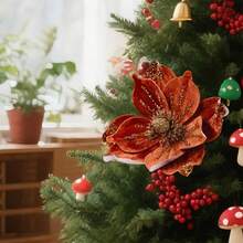 Flor artificial navideña, adorno brillante y colorido para la punta del árbol, ideal para decorar el hogar o como detalle para fiestas. - Naranja - Ver 3