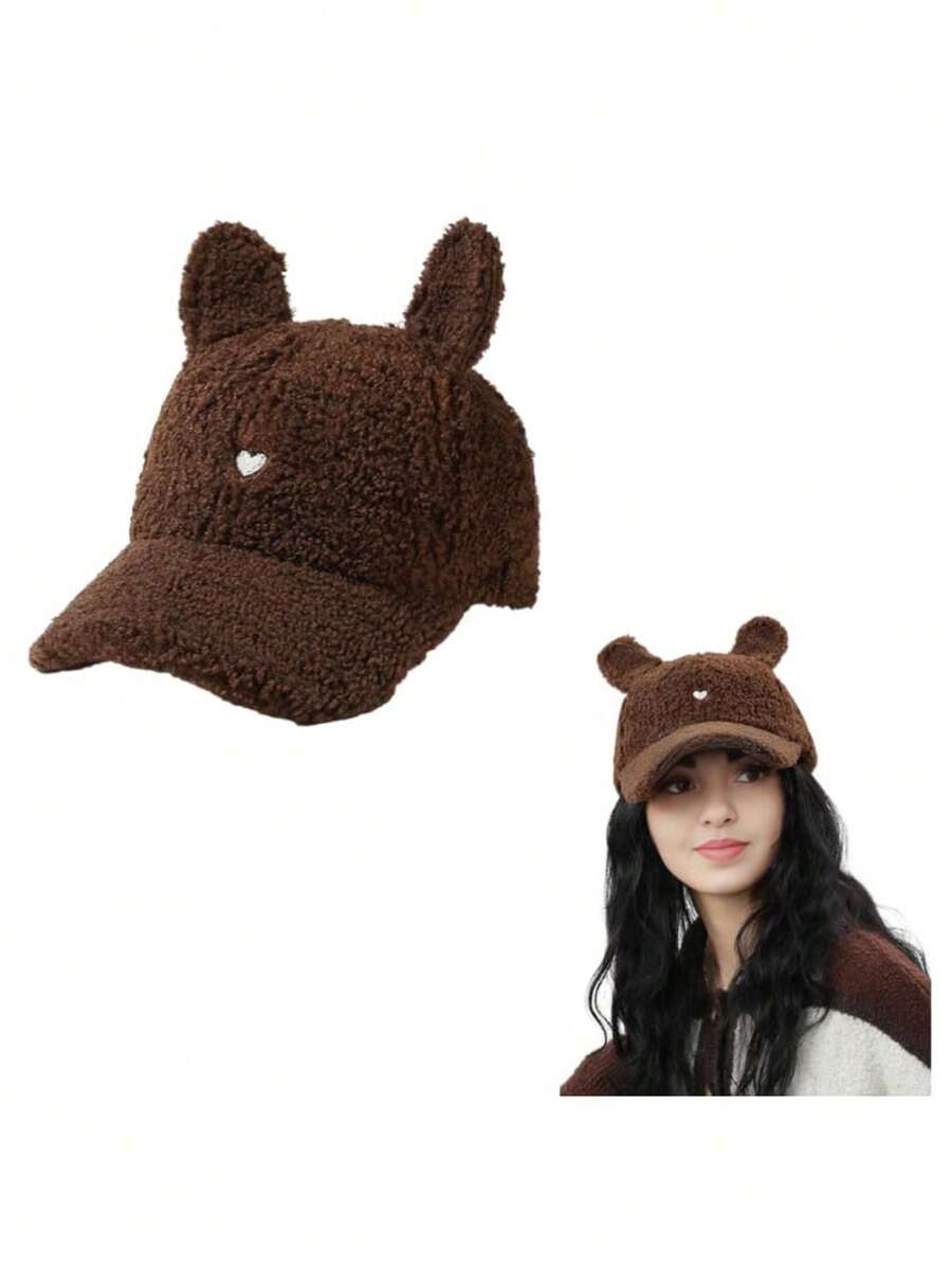 1pc Women's Faux Fur Lined Baseball Cap, Aesthetic Oversized Rabbit Ear Baseball Hat, Cute Ladies Winter Wool Cat Rabbit Ear Soft Brimless Beanie, Lazy Baseball Cap, Retro Casual Sports