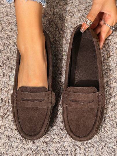 New Women Suede Knit Coffee Brown Flat Shoes,Elegant Imitation Suede Dark Brown Flats, All-Season Comfortable Solid Color Slip On Loafers, Round Toe Versatile Casual High-End Lightweight Outdoor/Work Shoes For Women,Work Shoes,Slip On Shoes Women,Dress Shoes Women,Business Casual Woman,Shoes For Women