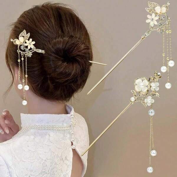 2Packs Lily Of The Valley Chinese Hair Sticks For Buns, Pearl Flower Vintage Metal Hair Chopsticks For Women And Girls Dangle Tassel Pendant Hair Accessories Hanfu Handmade Decor Hairpin (White)