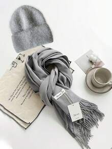 FADZOYLE 1pc/2pcs Hat & Scarf Set Solid Color Scarf Large Size Cashmere Feel Wraps Shawl For Dress Wedding And Gift Evening Dresses Travel Office, Fall Winter All Season Solid Color Knit Cuffed Beanie Hat Knitted Caps Soft Snug Outdoor Daily Use Gift Snow Ski Running Accessories