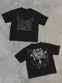 1pcs Men's 100% Cotton Tapout MPS Skull And Wings Double Sided Printed T Shirt Streetwear Casual Graphic Tee MMA Combat Sports Vintage T Shirts - 黑色 - 查看 1