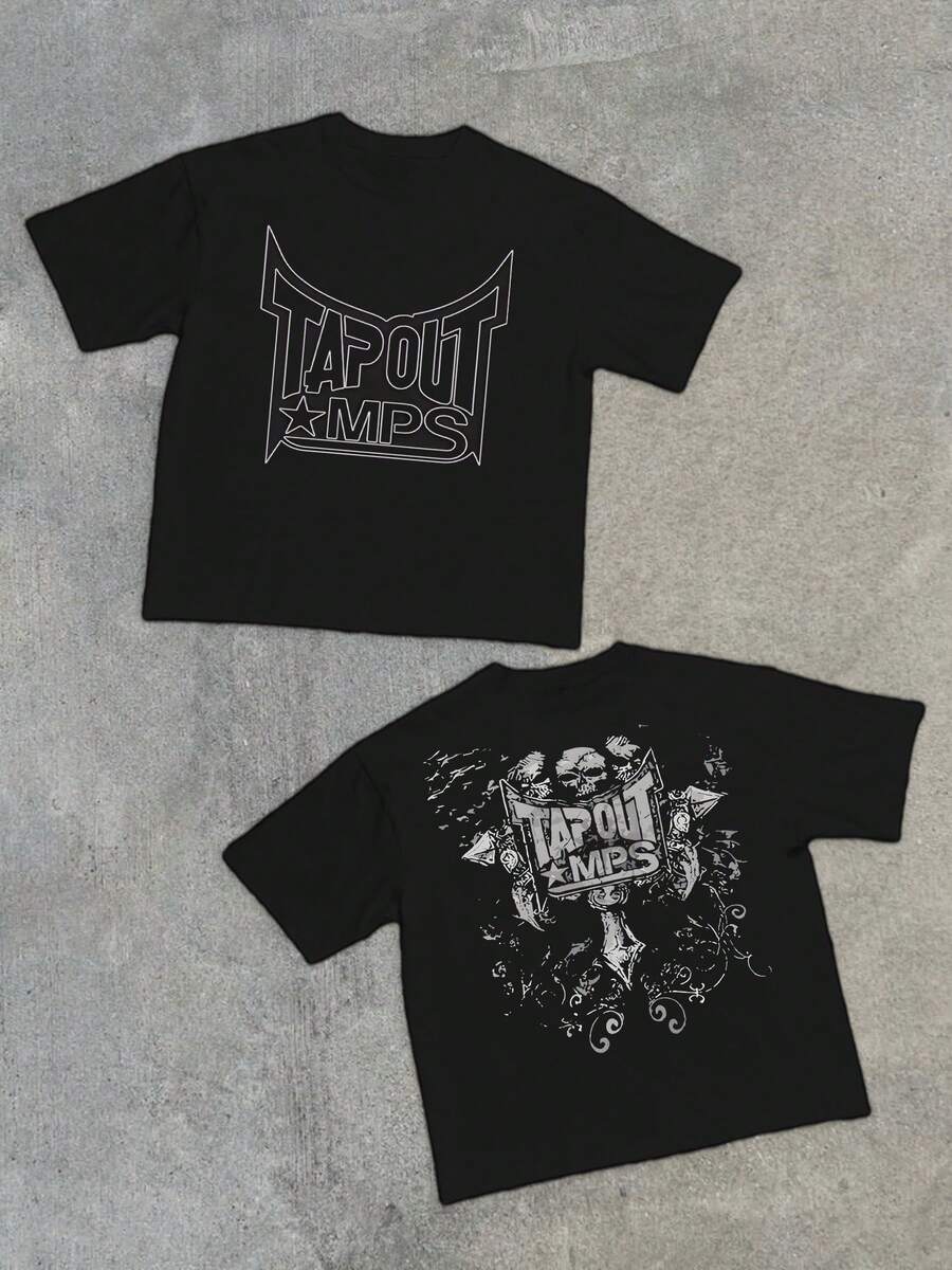 1pcs Men's 100% Cotton Tapout MPS Skull And Wings Double Sided Printed T Shirt Streetwear Casual Graphic Tee MMA Combat Sports Vintage T Shirts - 黑色 - 查看 1