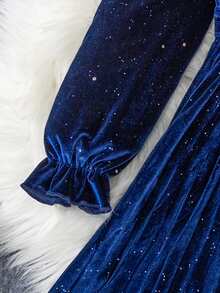 Vestido elegante de veludo para meninas para outono/inverno, vestido de veludo azul-claro prateado com gola e decoração de pérolas, moderno, elegante, adequado para uso casual e diário - Azul - Ver 3