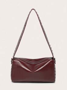 1pc Women's Large Capacity Burgundy Square Handbag With Rivet Decoration, Adjustable Wide Strap, Niche Design, Commuter Underarm Bag, Fashionable Burgundy Bag , Red Bag , Burgundy Bag - Burgundy - View 4