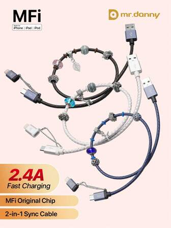  D8 DIY 手工串珠时尚 MFi 认证授权数据线，Apple MFi 认证二合一 IP Hone 充电器闪电数据线和 Micro USB 转 USB 充电线，兼容 IP Hone 14 Pro/13 Mini/13/12/11 Pro MAX/XR/XS/8/7/Plus/6S/SE/IPad，Android 数据线二合一 USB-A 闪电数据线，皮革 + 串珠USB 2.0 闪电充电线，2.4A 快速充电 USB-A 转闪电充电线最佳闪电充电线