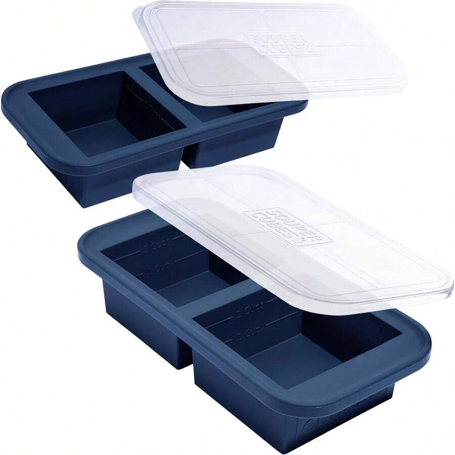 2 Cup Silicone Freezer Tray With Lids, Storing Lasagna, Leftovers, Sauces, Portioned Meals And More, Silicone Soup Freezer Molds Meal Prepping - Aqua - 2 - Pack - 藍莓+2件裝 - 查看 1