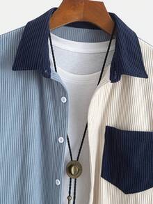 Cămașă casual din catifea reiată pentru bărbați, la modă, cel mai bine vândut, mărime mare, cu guler contrastant, cu nasturi la piept, simplă și versatilă, pentru navetiști, jachetă cu mânecă lungă, primăvară/toamnă - Albastru - Vizualizare 4