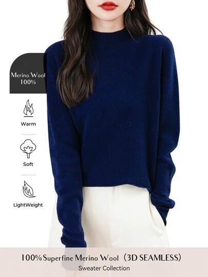 Women's 100% Merino Wool Seamless Sweater Mockneck First-Line Ready To Wear Long Sleeve Knitted Pullover Tops