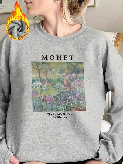 1 pieza Sudadera de cuello redondo de felpa para mujer con estampado de la Impresión del Jardín de Claude Monet, inspirada en el Jardín del Artista en Giverny, una prenda estética y cómoda para amantes del arte, esencial para otoño e invierno.