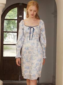 Simple Retro Women's Elegant Vintage Long Sleeve Square Neck Mid-Length Dress, Decorated With Knotted Details And Ruffle Hem - Blue - View 6