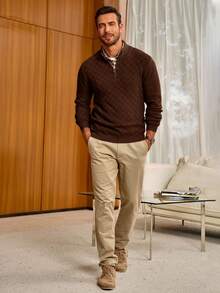 Mens Polo Sweater Quarter Zip Pullover Slim Fit Mock Neck Knit Checkered Jumpers Casual Fall Winter Outfits - Coffee Brown - View 2