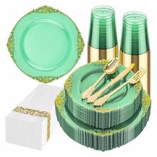 Clear Green Plastic Plates - 175pc Disposable Dinnerware Set For 25 Guests - As Picture/B - View 1