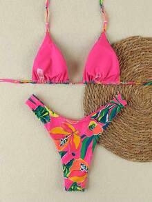 Summer New Women's Tropical Floral Print Halter Tie Sexy Casual Beach Resort Party Bikini Swimsuit Set Vacation - Multicolor - View 3