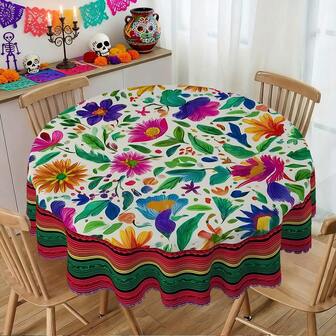 1/36 st 2D platt vintage mexikansk bordsduk - Färgglatt blommönster runt polyesterduk för inomhus-/utomhusbruk, vår- och sommarfestivaler, picknick, köks- och matdekor - Maskintillverkad hållbar heminredningsgåva, mexikansk heminredning, livfullt bordstillbehör, slät texturduk, festivaldekoration