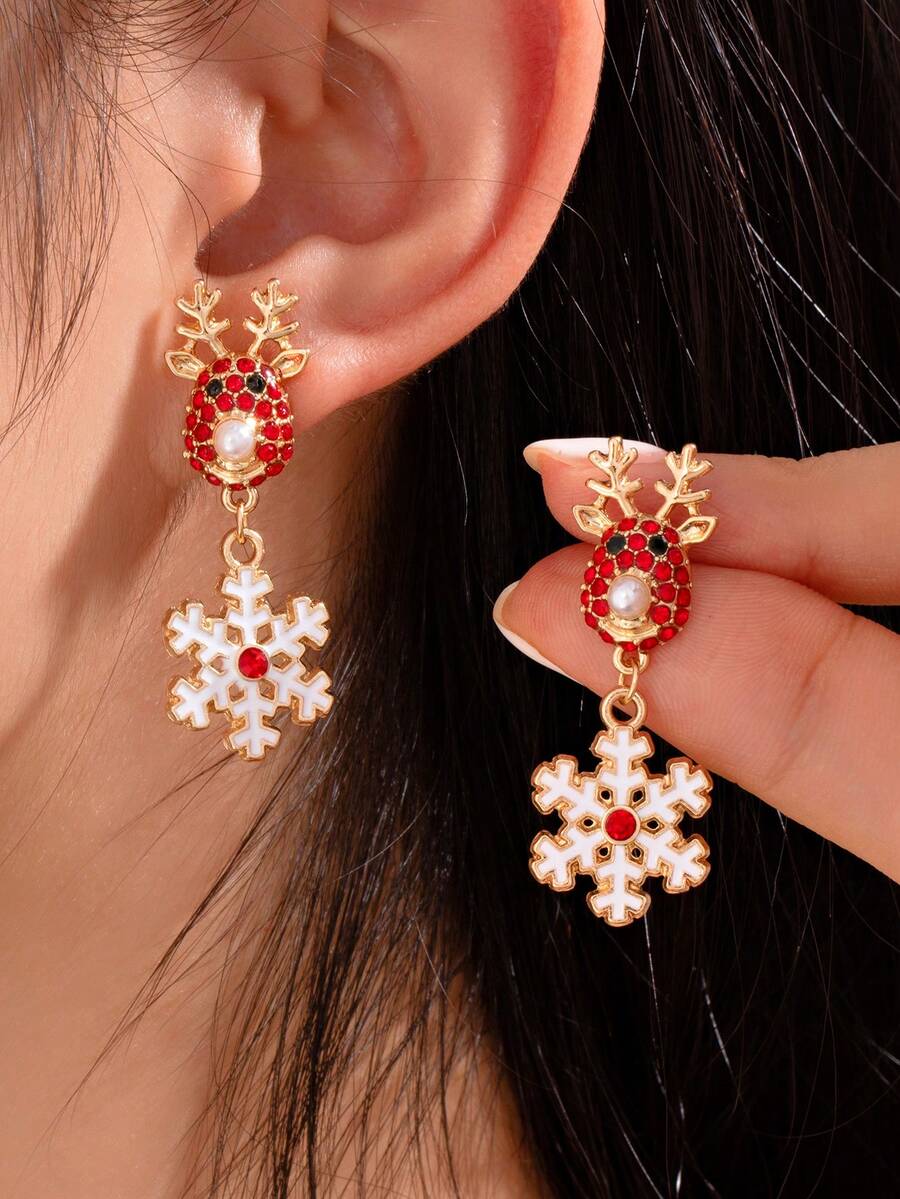 1 Pair Fashionable Christmas Reindeer & Snowflake Earrings, Suitable For Parties And Gatherings