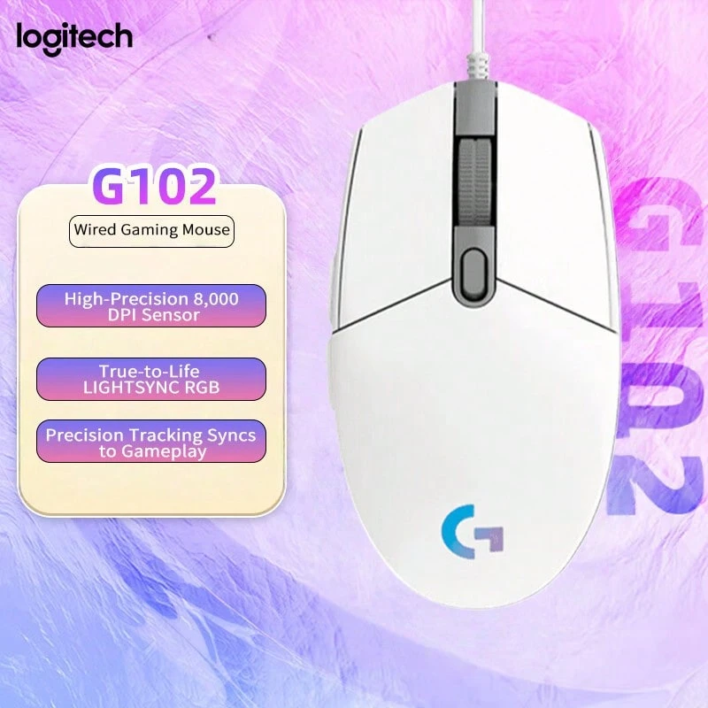 Logitech G102 有线游戏鼠标,RGB 灯光,高性价比,轻量化设计,非常适合电竞初学者,适合中小手,白色 - 白色 - 查看 1