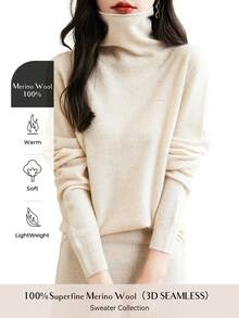 Women's 100% Merino Wool Seamless Turtleneck Long Sleeve Knit Sweater - Beige - View 1